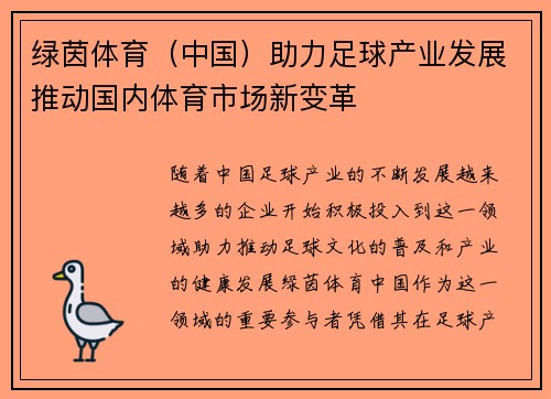 绿茵体育（中国）助力足球产业发展推动国内体育市场新变革