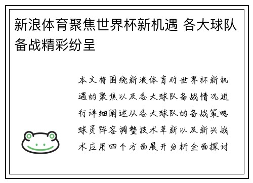 新浪体育聚焦世界杯新机遇 各大球队备战精彩纷呈