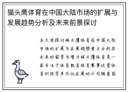 猫头鹰体育在中国大陆市场的扩展与发展趋势分析及未来前景探讨