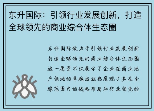 东升国际：引领行业发展创新，打造全球领先的商业综合体生态圈