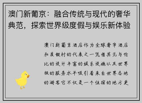 澳门新葡京：融合传统与现代的奢华典范，探索世界级度假与娱乐新体验