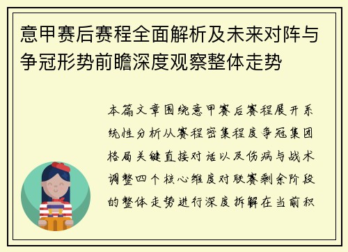 意甲赛后赛程全面解析及未来对阵与争冠形势前瞻深度观察整体走势